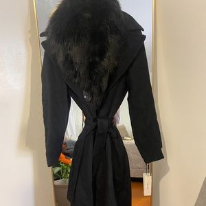 Wool trench coat w/ fur hood